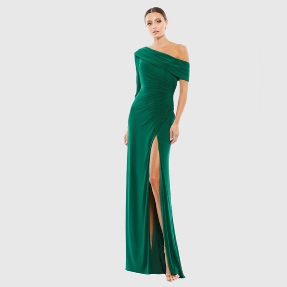 IEENA FOR MAC DUGGAL 26570 NWT Ruched Jersey Drop Shoulder Foldover Gown - Picture 1 of 9